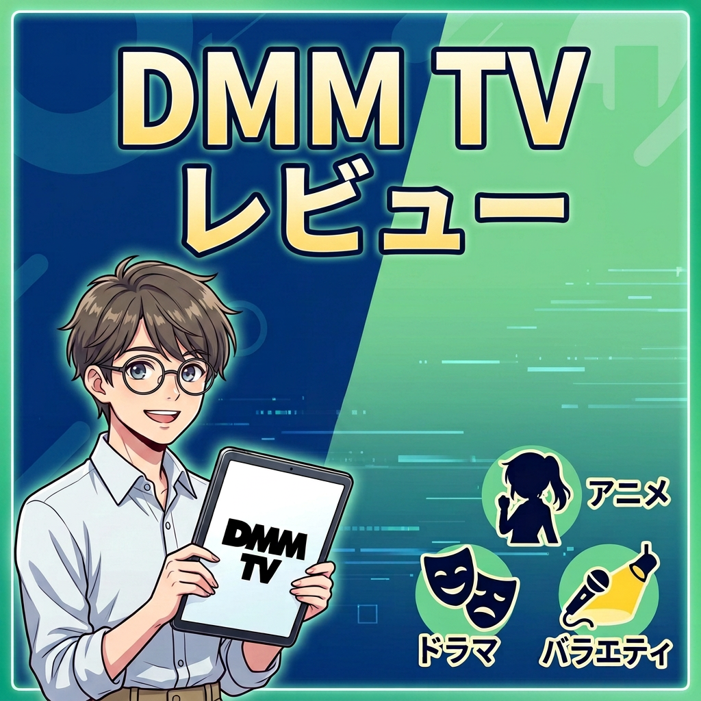 Character holding tablet with DMM TV logo and review text in Japanese
